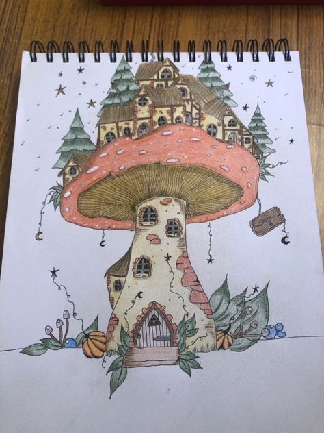 Mushroom house fantasy mountain color Mushroom Village Drawing, Alice In Wonderland Artwork, Wonderland Artwork, Mushroom Drawing, Color Drawing Art, Watercolor Paintings For Beginners, Sharpie Art, Ghibli Art, Book Art Diy