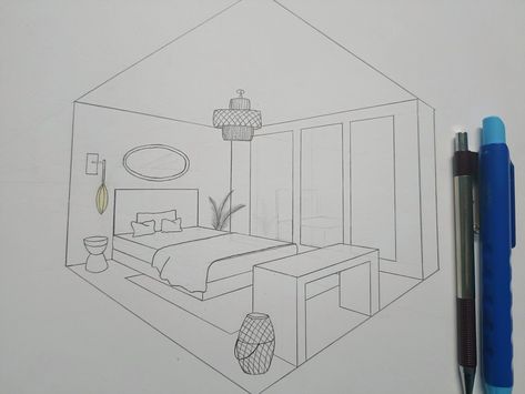 Draw Room Ideas, How To Draw Bedroom, Interior Design Bedroom Drawing, Interior Design Sketches For Beginners, 3d Room Drawing, 2 Point Perspective, House Design Drawing, Interior Design Sketchbook, Interior Drawing