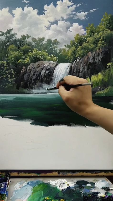 Waterfalls Acrylic Painting, Oil Painting Waterfall, Beautiful Waterfalls Painting, Water Scenery Paintings, Waterfall Art Painting, Painting Waterfalls Step By Step, Acrylic Painting Ideas Scenery, Step By Step Painting Tutorial, Oil Painting Landscape Tutorial