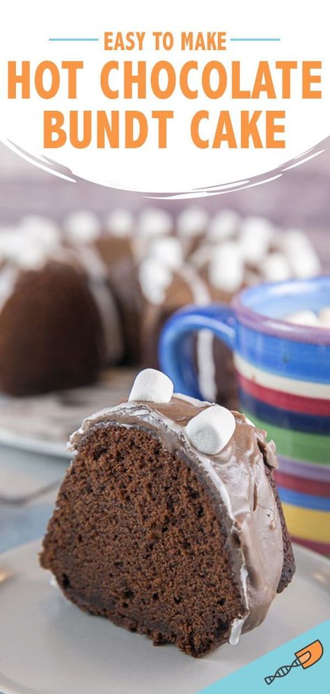 Hot Chocolate Bundt Cake: A moist chocolate bundt cake made with hot chocolate, covered in a hot chocolate and marshmallow glaze, and topped with miniature marshmallows. Hot Chocolate Bundt Cake, Winter Bundt Cake Recipes, Marshmallow Glaze, Moist Chocolate Bundt Cake, Hot Chocolate Cake Recipe, Hot Chocolate Cake, Dessert Board, Chocolate Bundt, Baking Desserts