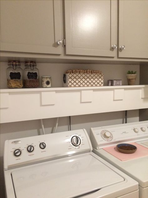 Shelf made to hide water plumbing. Laundry Room Plumbing Cover Up, Laundry Room Shelf To Hide Plumbing, Laundry Hook Up Cover, How To Hide Laundry Hookups, Hiding Laundry Room Hookups, Hide Laundry Hookups, Hide Laundry Room, Hide Washer And Dryer, Utility Sink Skirt