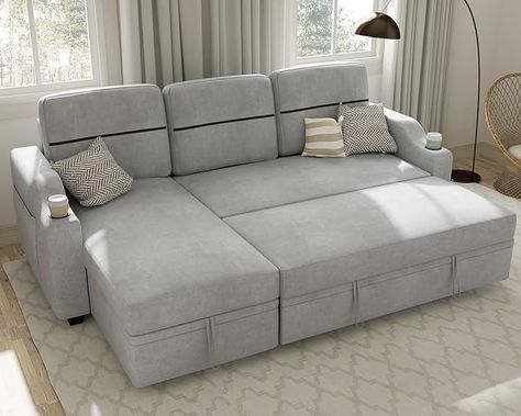 Amazon.com: Ucloveria Reversible Sectional Sofa Couch, Sleeper Sofa Bed with Storage Chaise Pull Out Couch Bed for Living Room | Hidden Stroge | Side Pocket | Sofa Cup Holder | Removable Backrest | Linen Fabric : Home & Kitchen Pull Out Couch Bed, Bed For Living Room, Basement Redo, Pull Out Couch, Storage Chaise, Bed With Storage, Sofa Bed With Storage, Sectional Sofa Couch, Sleeper Sofa