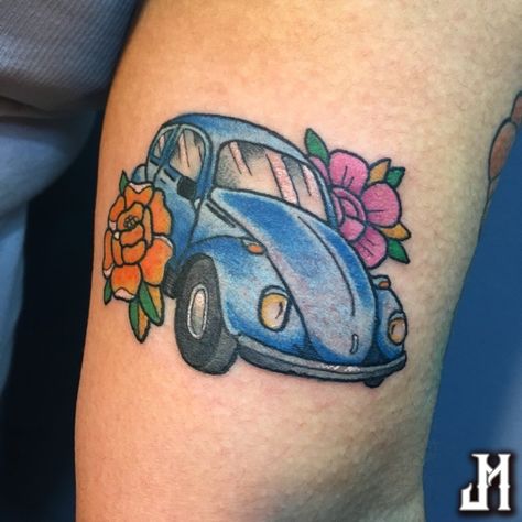 Vw Tattoo, Beetle Tattoo, Traditional Tattoo Inspiration, Hippie Tattoo, Dandelion Tattoo, Bug Tattoo, Traditional Tattoo Sleeve, Car Tattoos, Blue Beetle