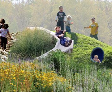 Grass slopes / tunnels / slides / rocky climbing - this has it all. I WANT Natural Play Spaces, Outdoor Play Spaces, Play Garden, Children Park, School Playground, Natural Playground, Children's Garden, Playground Design, Outdoor Classroom