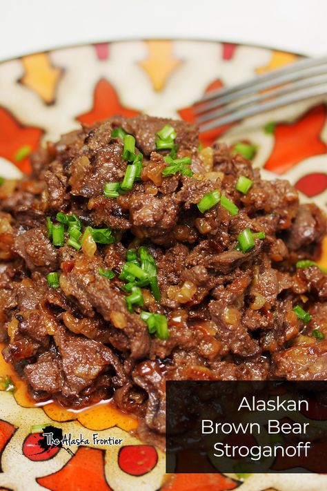 Alaskan Brown Bear Stroganoff Recipe Bear Dinner Recipes, Recipes For Bear Meat, Cooking Bear Meat, How To Cook Bear Meat, Ground Bear Recipes, Ground Bear Meat Recipes, Bear Meat Recipes, Bear Meat Recipe, Alaskan Recipes