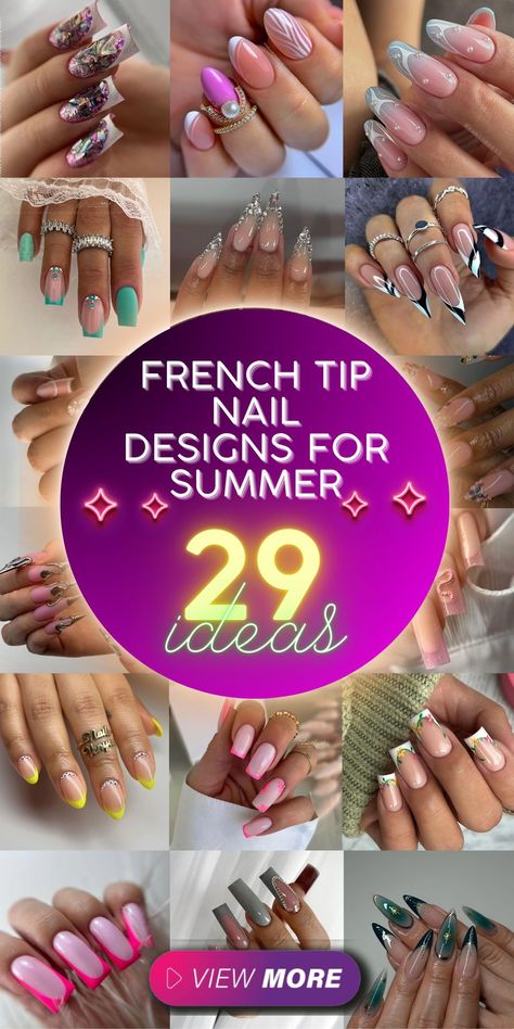 French tip nail designs for summer offer a cool and classy way to decorate your nails. Choose from unique designs featuring black or white tips accented with glittery or chrome finishes. For those who prefer a subtler look, opt for simple acrylic tips enhanced with delicate flower art or bright colors like red and blue, perfect for summer pedicures and manicures. French Vacation Nails, White French Tip Nail Designs, Short Nail Shapes, Summer Pedicures, Summer French Manicure, Tip Nail Designs, Nail Designs For Summer, French Tip Nail Art, Summer Pedicure