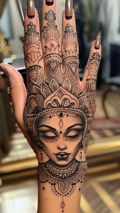 All Seeing Eye Tattoo Women, Lotus Flower Hand Tattoos For Women, Hand Tattoos For Women Unique, Mystical Eyes, Girly Hand Tattoos, Hindu Tattoos, Hand Tattoo Designs, All Seeing Eye Tattoo, Mandala Hand Tattoos