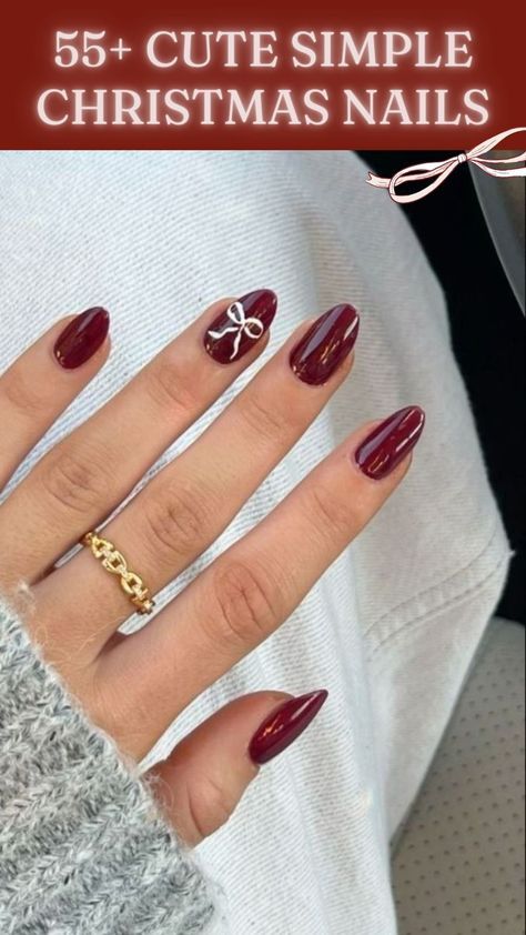 Christmas Nails Red And White Bow, Christmas Almost Nails, Simple Nail Inspo Christmas, Simple Short Nails Christmas, Xmas Nails With Bow, Cute Plain Christmas Nails, Simple Red Holiday Nails, End Of December Nails, Basic Christmas Nail Ideas