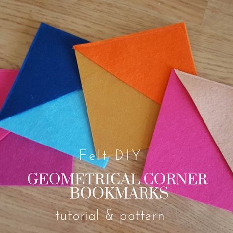 DIY Geometrical corner bookmarks - tutorial and pattern Bookmark Crochet, Handmade Bookmarks Diy, Felt Squares, Felt Bookmark, Corner Bookmark, Diy Wool, Handmade Bookmarks, Corner Bookmarks, Felt Book