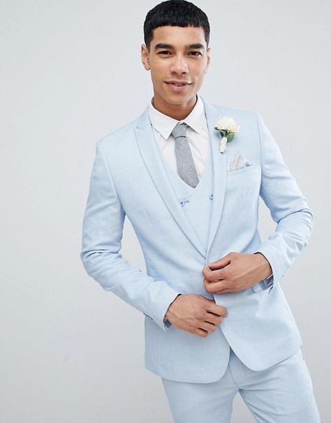 Get-Ups for the Groom: Our Favorite Suits with a Pop of Color! | Green Wedding Shoes Light Blue Tux, Blue Tux, Dapper Grooms, Light Blue Suit, Blue Suit Men, Light Blue Wedding, Blue Tuxedos, Groom Outfit, Groom Suit