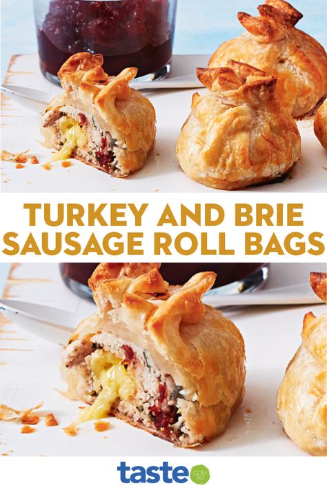 Everything you love about Christmas - turkey, cranberry sauce, cheese and sausage rolls - all rolled up into bite-sized puff pastry parcels. Turkey Sausage Rolls Puff Pastries, Turkey Sausage Rolls, Christmas Sausage Rolls, Sausage Rolls Puff Pastry, Cranberry And Brie, Christmas Catering, Christmas Finger Foods, Recipes Sandwiches, Turkey Cranberry