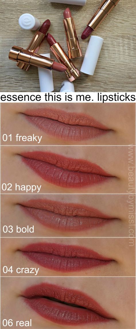 My review and swatches of Essence Cosmetics this is me lipsticks in shades 01 freaky, 02 happy, 03 bold, 04 crazy and 06 real. Essence Lipstick Swatches, Essence Lipstick, Crazy Lipstick, Lip Color Lipstick, Essence Makeup, Beauty Wishlist, Color Lipstick, Eye Makeup Pictures, Essence Cosmetics