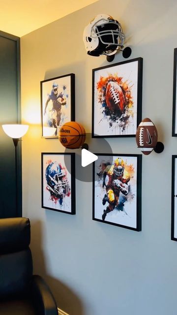 Tonya ~ Interiors and Custom Home Decor on Instagram: "Sports-themed decor for the little athletes…where dreams of game-winning shots and championship goals come alive. 

#kidssportsroom #playfulspaces #interiordesign #futurechampion #kids #kidsdecor #sportsdesign #football #basketball #baseball #atl #atlanta #atlantainteriordesign #interiors #interiorstyle" Athletic Pictures, Kids Sports Room, Themed Decor, Decor Black, Sports Theme, Sports Design, Custom Home, Black Decor, Kids Decor