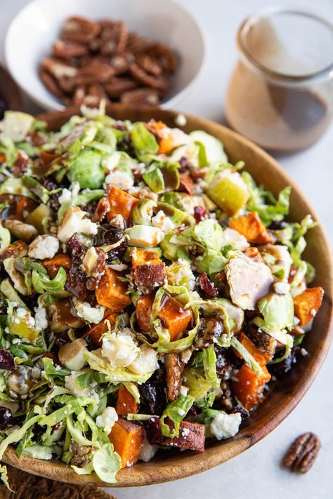 Shredded Brussel Sprout Salad with Roasted Sweet Potatoes Fall Brussels Sprout Salad, Fall Salad Brussel Sprouts, Roasted Brussels Sprout Recipes, Fall Shaved Brussel Sprout Salad, Shredded Sprouts Recipes, Brussel Sprout Shredded Recipes, Brussels Sprouts Salad Shredded, Roasted Salads, Shredded Potatoes Recipes