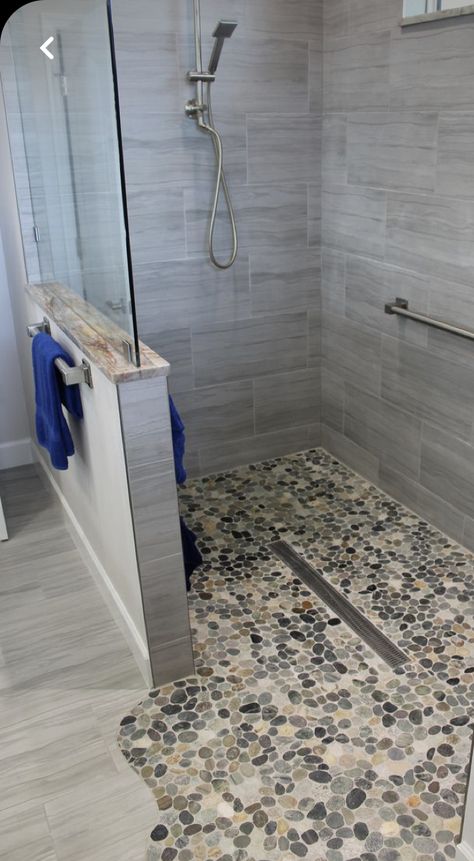 Ada Bathroom Ideas Master Bath, Natural Stone Showers Walk In, Zero Entry Shower Ideas Tile, Rock Shower Floor Ideas, Walk In Shower No Door Farmhouse, Shower Rock Floor, Shower Tile Ideas Walk In Master, Master Shower Ideas Walk In No Door, Farmhouse Walk In Shower Ideas