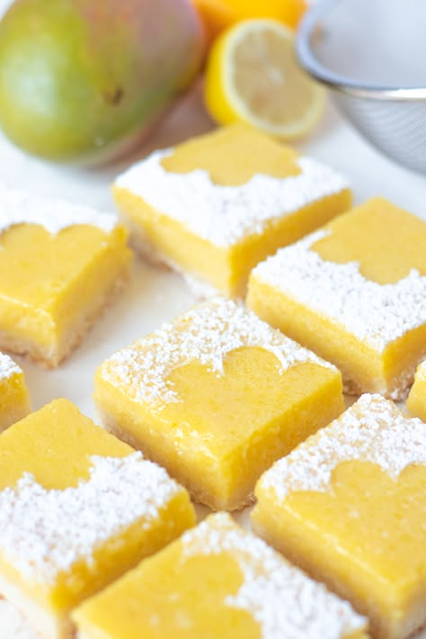 Mango Lemon Bars, Mango Puree Desserts, Mango Snacks, Potluck Snacks, Mango Bars, Shortbread Cookie Crust, Mango Tart, Mango Dessert Recipes, Fruit Bars