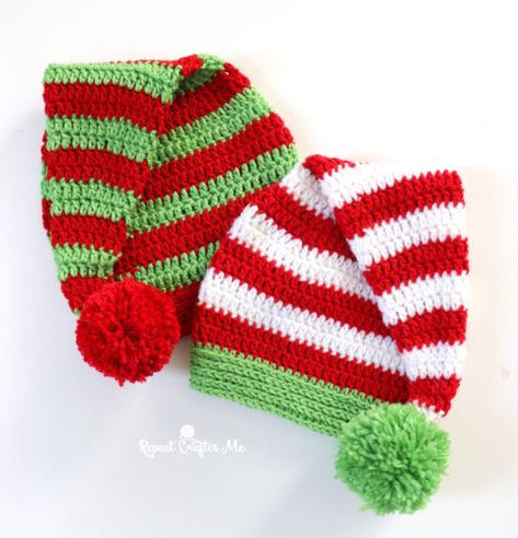 Crochet Candy Cane Santa Style Hat - Repeat Crafter Me Whoville Costumes, Crochet Elf Hat Pattern, Crochet Elf Hat, Elf Hats, Santa Hat Pattern, Crochet Santa Hat, Hats Pattern, Crochet Christmas Hats, Repeat Crafter Me