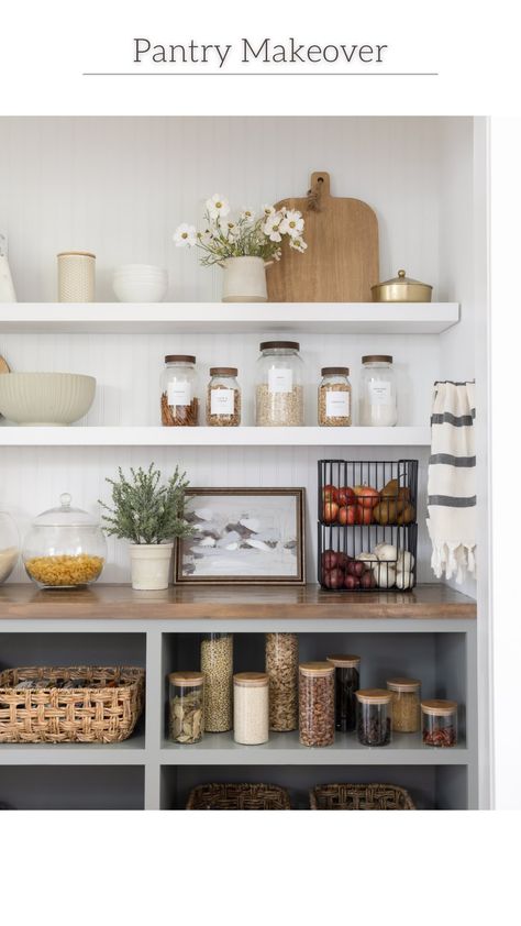 Christina Aldana (@ellisandhale) • Instagram photos and videos Long Wall Shelf, Long Wall Shelves, Float Shelf, Pantry Renovation, Organiser Cucina, Mcgee And Co, Pantry Decor, Oak Floating Shelves, Long Walls