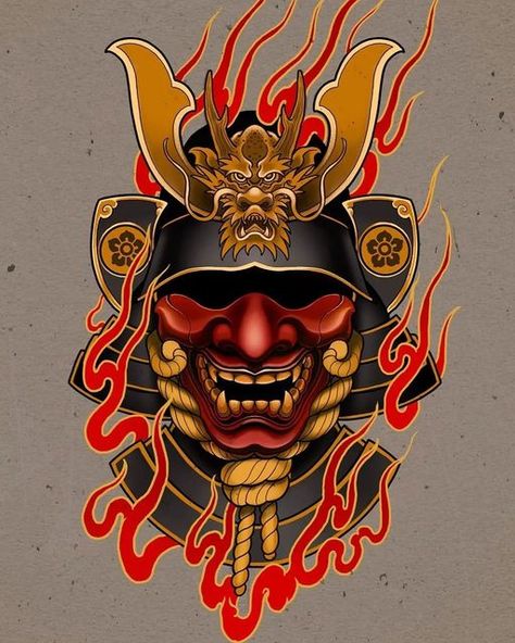 Traditional Japanese Samurai Tattoo, Japanese Oni Mask Tattoo, Samurai Mask Tattoo, Japanese Demon Tattoo, Samurai Tattoo Sleeve, Oni Mask Tattoo, Cool Cartoon Drawings, Samurai Warrior Tattoo, Japanese Tattoos For Men