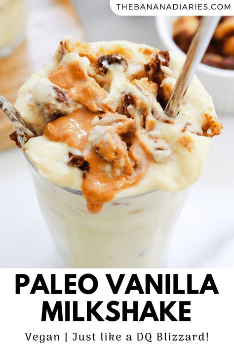 Easy and sweet Paleo vanilla milkshakes that are dairy free, vegan, and sweetened only with dates! These tastes like a thick vanilla blizzard and perfect for all ages! Paleo Milkshake, Desserts Easy 3 Ingredients, Dairy Free Milkshake, Crazy Dough, Gluten Free Vegan Recipes Desserts, Vegan Dessert Bars, Banana Diaries, Green Shakes, Bake Gluten Free