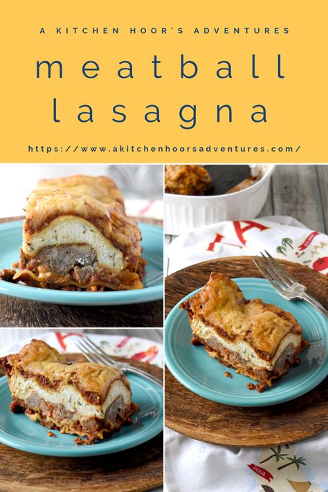 Meatball Lasagna has layers of homemade Italian meatballs with sauce and ricotta with Parmesan.  It assembles quickly with precooked meatballs, a jar of sauce, and noodles. Recipes Using Meatballs, Meatballs With Sauce, Meatball Lasagna, Homemade Italian Meatballs, Lasagna Roll Ups, Best Beef Recipes, Lasagna Roll, Best Pasta Recipes, Italian Meatballs