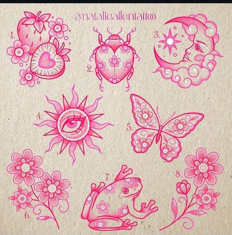 Strawberry Animal Tattoo, Girly Tattoo Cover Ups, Cute Tummy Tattoos, Girly Mushroom Tattoo, Pink Line Tattoo, Ditch Tattoos For Women, Tattoo Ideas With Color, Girly Tattoo Flash, Pink Tattoo Aesthetic