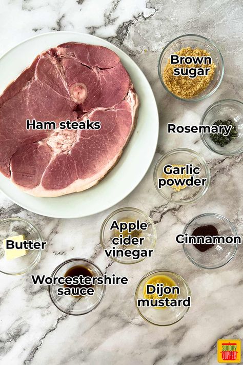 How to Cook Ham Steak - Sunday Supper Movement Ham Steak Recipes Stove Top, Ham Steak Meals, Ham Steak In Crockpot, Bone In Ham Steak Recipes, Ham Steaks In Crockpot, Ham Steaks In Oven, Ham Steaks Oven, Crockpot Ham Steak, Smoked Ham Steak Recipes