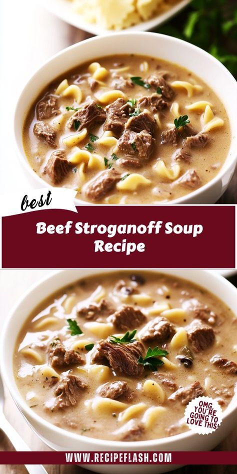 Elevate your soup game with this Beef Stroganoff Soup Recipe! Creamy and satisfying, it combines tender beef and flavorful mushrooms for a delicious meal. Perfect for weeknight dinners or gatherings, this soup offers a unique twist on classic flavors. Get ready to enjoy every comforting spoonful! Stroganoff Soup Recipe, Beef Stroganoff Soup Recipe, Beef Stroganoff Soup, Stroganoff Soup, Creamy Beef Stroganoff, Beef And Mushrooms, Easy Beef Stroganoff, Best Beef Stroganoff, Beef Stroganoff Easy