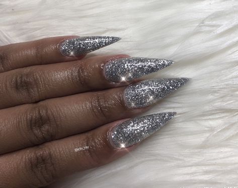 Pointy Glitter Nails, Silver Glitter Nails Acrylic, Short Claw Nails, Silver Stiletto Nails, Glitter Stiletto Nails, Sequin Nails, Silver Sparkly Nails, Nails Silver Glitter, Silver Sparkle Nails