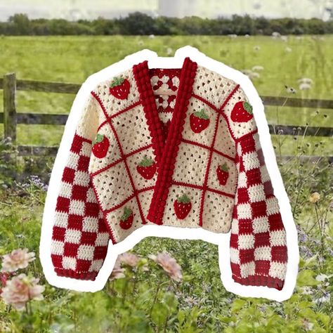 Crochet Top Strawberry, Crochet Strawberry Granny Square Cardigan, Strawberry Crochet Cardigan Pattern, Strawberry Themed Crochet, Cottage Core Crochet Cardigan, Cottagecore Crochet Sweaters & Cardigans, Crochet Bandana, Crochet Strawberry, Crochet T Shirts