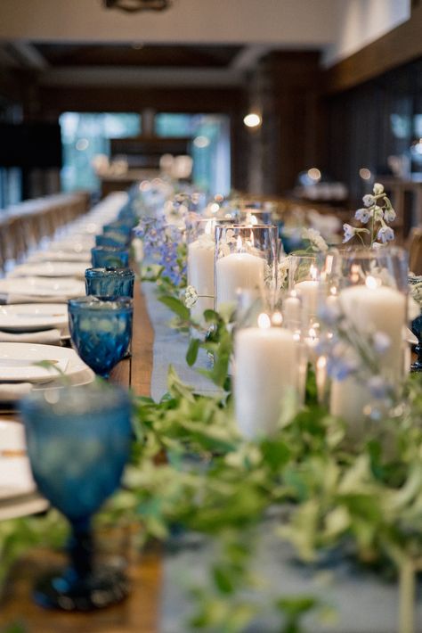 Blue Glasses Wedding Table, Blue Water Goblets, Wedding Goblets, Industrial Wedding Decor, Simple Backyard, Autumn Florals, Vintage Goblets, Head Table Wedding, Backyard Reception