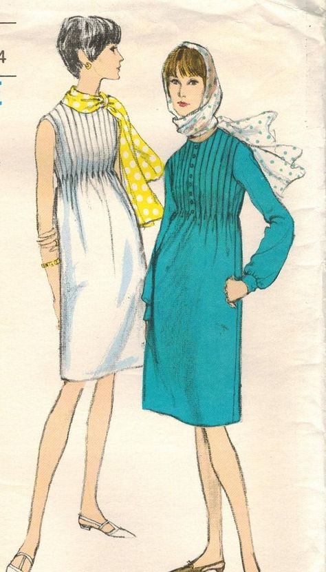 Pin Tucks Dress, Maternity Patterns, 1960s Vogue, 60’s Fashion, Vintage Clothes Patterns, Tuck Dress, Dress Scarf, Dress Illustration, Fashion 1960s