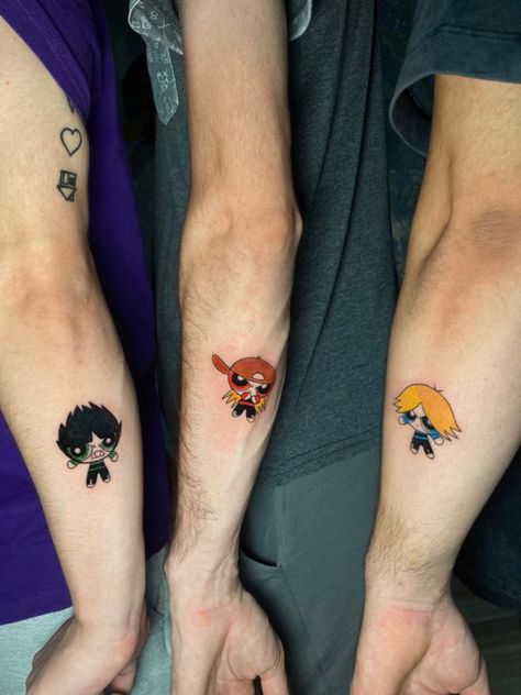 Concert Tattoo, 3 Friend Tattoos, Powerpuff Boys, 90s Tattoos, Pikachu Tattoo, Sibling Tattoos, Rapper Art, Powerpuff Girl, Boy Tattoos