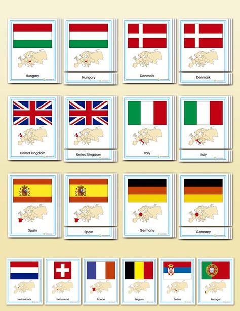 Flags of Europe | Montessori Research and Development - Montessori materials, teacher manuals and books Europe Montessori, Flags Of Europe, Montessori Culture, Map Of South America, Vatican City Italy, Flag Of Europe, Flags Europe, Montessori Geography, Montessori Printables