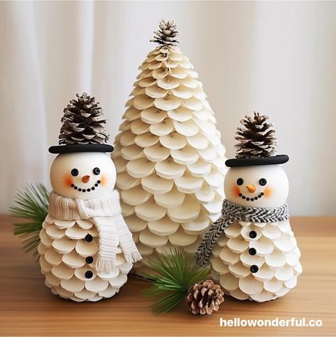 Pine cone snowman craft. Pine cone Christmas craft. White Pinecones Diy, Pine Cone Elf Ornaments, Pine Cone Crafts Animals, Angel Pinecone Ornaments, Pinecone Projects For Christmas, Holiday Pinecone Crafts, Pine Cone Arts And Crafts, Pine Cone Snowman, Pine Cone Reindeer