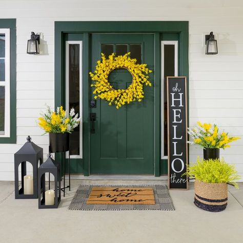 Kirkland's Home Spring Front Porch Decor, Spring Front Porch, Spring Front Door, Farmhouse Pictures, Spring Porch Decor, Yellow Door, Yellow Doors, Front Porch Decor, Spring Easter Decor