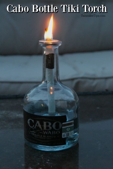 Bottle Tiki Torch Diy, Tiki Torches Diy, Bottle Torch, Liquor Bottle Lights, Wine Bottle Tiki Torch, Cabo Wabo, Patron Bottle, Liquor Bottle Crafts, Tequila Bottle