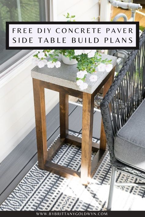 This post shares the free build plans for my concrete outdoor side table made from pavers and 2x2s! Cement Ideas, Cement Projects, Modern Outdoor Table, Cheap Garden, Diy Side Table, Patio Side Table, Build Plans, Concrete Table, Diy Concrete