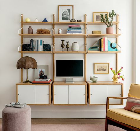 Ikea Svalnas, Ikea Wall Units, Ikea Wall Shelves, Ikea Shelving, Herringbone Tile Pattern, Ikea Shelving Unit, Wall Mounted Shelving Unit, Arch Digest, Tv Area