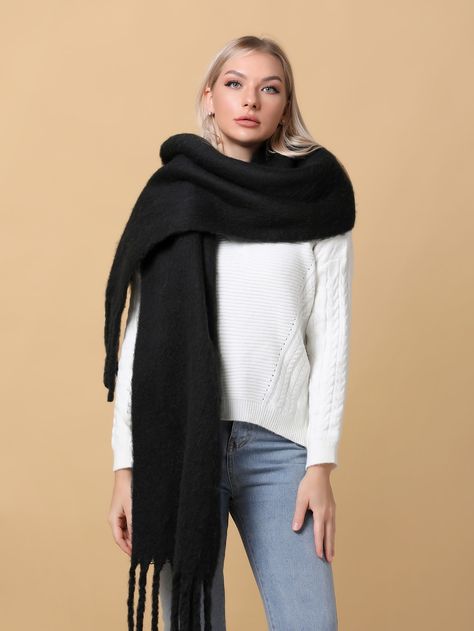 Black Casual Collar  Fabric Plain Scarf Embellished   Women Accessories Black Winter Scarf, Cute Comfy Fall Outfits, Men's Seasonal Outfits, Dove Deodorant, Mens Fall Outfits, How To Wear A Blanket Scarf, Classy Fall Outfits, Comfy Fall Outfits, Spring Outfits Men