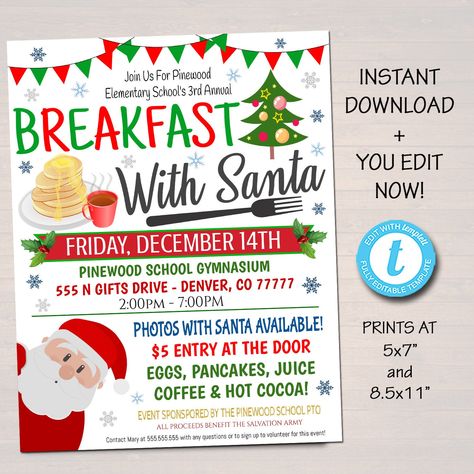 EDITABLE Breakfast with Santa Flyer, Pancakes with Santa Invitation Kids Christmas Party Printable Community Holiday School Fundraiser Flyer Santa Invitation, Breakfast With Santa, Pta Fundraising, School Pto, Fundraiser Flyer, Kids Christmas Party, Christmas Flyer, Invitation Text, Holiday Mood