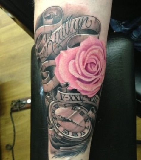 adorable-ideas-of-tattoos-with-kids-names0241 Pocket Watch Tattoos, Pink Rose Tattoos, Tier Tattoo, Tattoo Themes, Tattoos With Kids Names, Omerta Tattoo, Daughter Tattoos, Watch Tattoos, Clock Tattoo