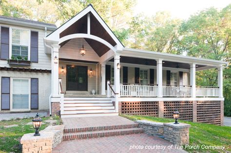 The raised porch with lattice covering is a great way to hide the foundation, not crazy about the dramatic A frame Raised Front Porch, Porch Roof Design, Front Porch Pictures, Modern Front Porches, Veranda Design, Front Porch Addition, Raised Ranch, Porch Kits, House Front Porch