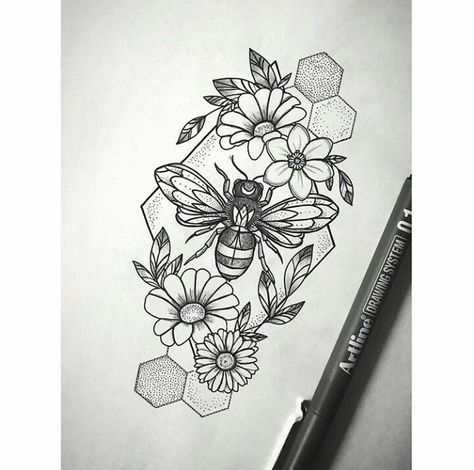 Beehive Filler Tattoo, Bee With Flowers Drawing, Dark And Light Matching Tattoos, Bee Honeycomb Tattoo, Bee Sleeve Tattoo, Bee Tattoos For Women, Honeycomb Tattoo Design, Floral Bee Tattoo, Honeycomb Tattoo Sleeve