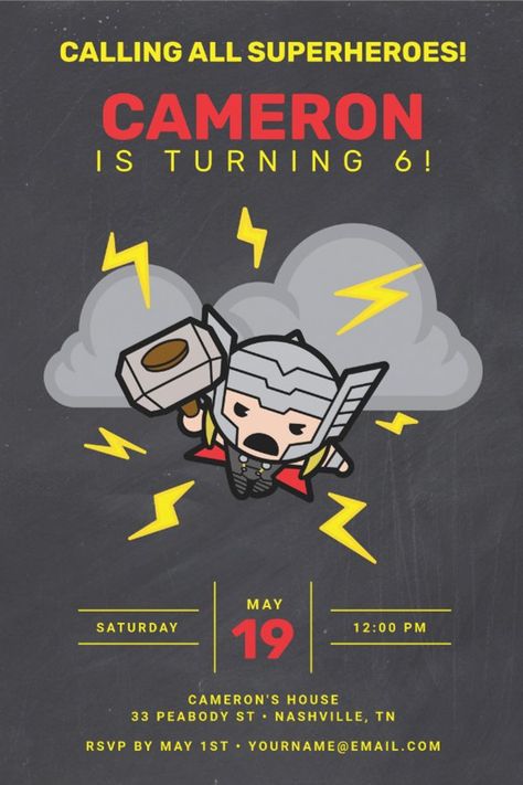 Avengers | Thor Chalkboard Birthday Invitation
Invite all your family and friends to your child's Avengers themed Birthday with these awesome Thor invites. Personalize by adding all your party details! Thor Birthday, Superhero Birthday Invitations, Chalkboard Birthday, Avengers Thor, All Superheroes, Avengers Birthday, Invitations Birthday, Birthday Chalkboard, Toddler Birthday