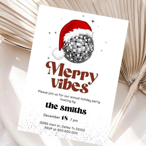 Disco Christmas Party Theme, Christmas Disco Party, Groovy Christmas Party Theme, Christmas Party Invitations Ideas, Christmas Invitations Ideas, Friendmas Party Invitation, Disco Christmas Party, Retro Christmas Invitation, Disco Christmas Party Invitations