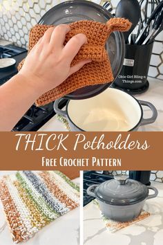 These are the perfect potholders to add to your kitchen! The pattern is a super easy and quick porject to whip up. You can have a whole set made for your kitchen in no time! Using a special stitch called the thermal stitch makes these potholders very thick and durable.