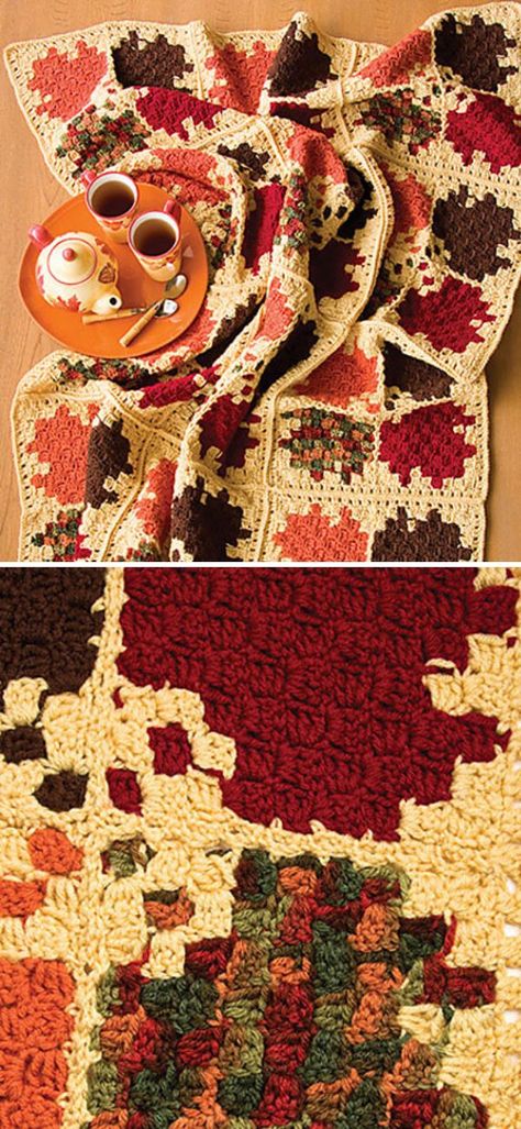 Autumn Leaves Afghan free crochet pattern 1 Crochet Black Cat, Amish Lifestyle, Crochet Autumn, Crocheted Afghans, Leaf Blanket, Granny Pattern, Crochet Granny Square Afghan, Blanket Craft, Corner To Corner Crochet