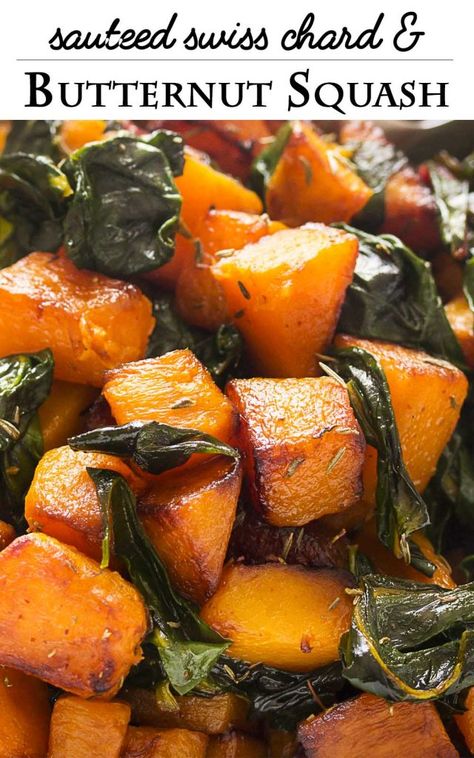 Swiss Chard And Butternut Squash, Butternut Squash Sauteed, Swiss Chard Sweet Potato Recipes, Vegan Swiss Chard Recipes, Sauteed Swiss Chard Recipes, Red Chard Recipes, What To Do With Swiss Chard, Butter Squash Recipe, Sauteed Butternut Squash