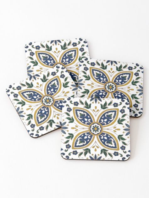 Design inspired from the tiles you find in Tunisian homes. Colorful yellow, blue and green floral ornament. • Millions of unique designs by independent artists. Find your thing. Tunisian Tiles, Ceramic Mosaic, Ceramic Mosaic Tile, Mosaic Flowers, Floral Ornament, Drinks Design, Tile Coasters, Coasters Set, Mask For Kids